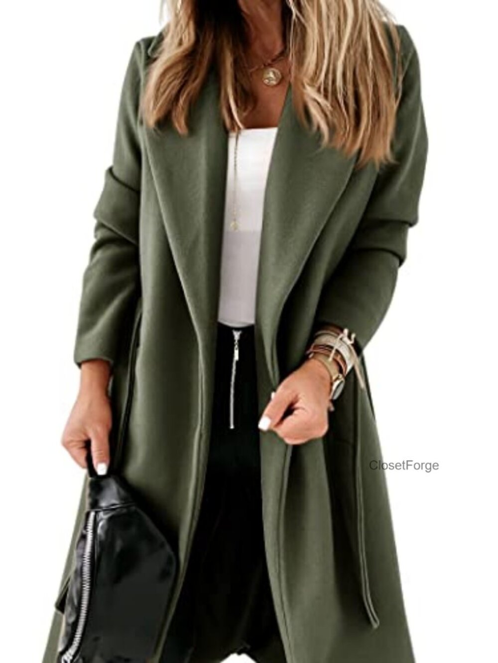 Classic Open Front Belted Long Pea Coat Notch Lapel Long Sleeve